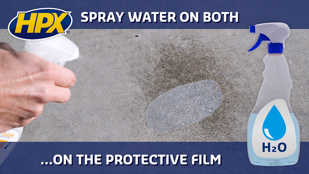Spray water on both the application surface and the film.